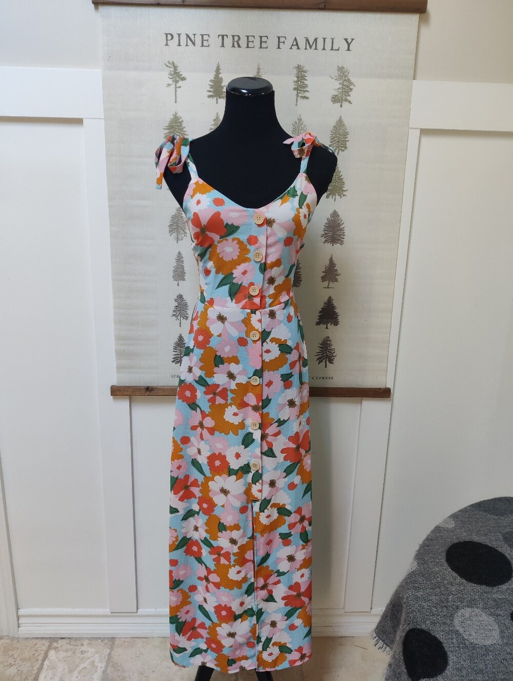 Monteau Los Angeles Floral Tie Strap Button Front Midi Dress Size Small